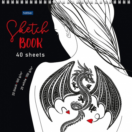 Скетчбук 40л. (20л. белый офсет 100г. + 20л.черный офсет 160г.), 240*240мм, Hatber Premium "Девушка 