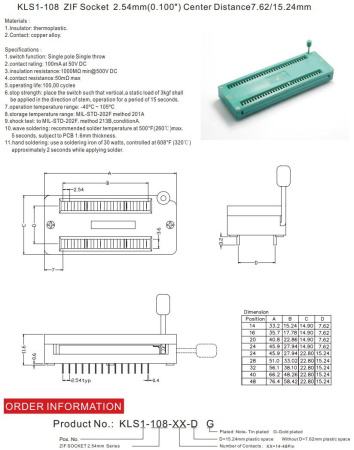 Панелька для микросхемы, шаг 2.54, DIP-14, ширина 7.62, ZIF