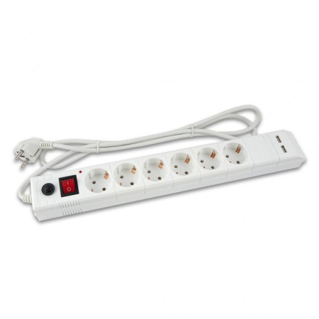 Сетевой фильтр  5.0м, 6 розеток Buro, BU-SP5_USB_2A-W, 10А, 2200Вт, с выключателем, белый, коробка