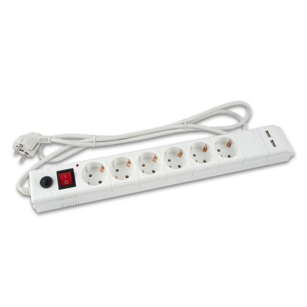 Сетевой фильтр  5.0м, 6 розеток Buro, BU-SP5_USB_2A-W, 10А, 2200Вт, с выключателем, белый, коробка