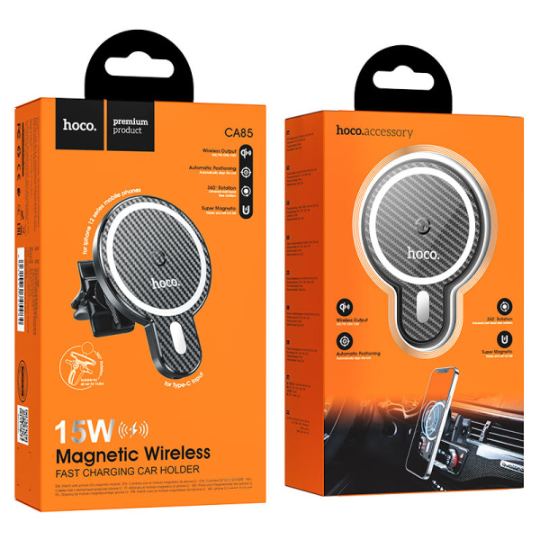 Держатель HOCO CA85 магнит/на вент. решетку (черный) беспров. зарядка 15W