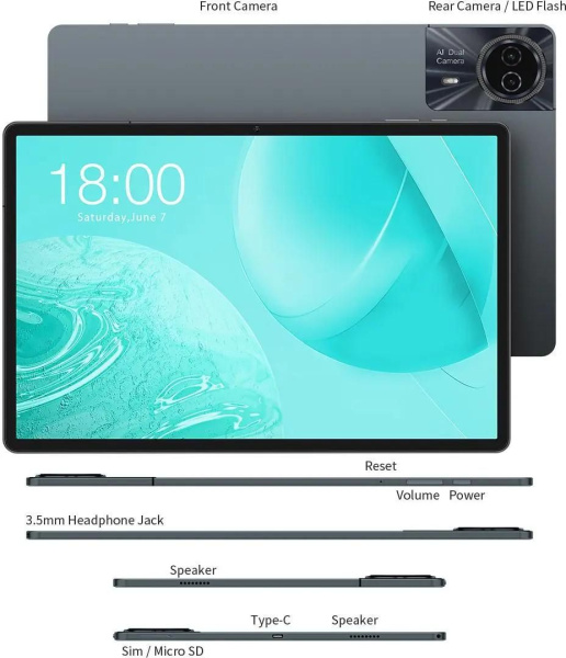 Планшет Teclast Odea S11 6/256Gb Серый LTE/11"/1920*1200/mSD/8*2.2ГГц/13МП/And13/8000mAh