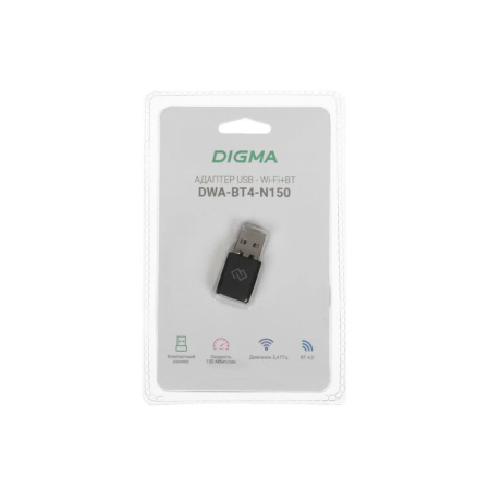 Адаптер WI-FI + Bluetooth USB Digma DWA-BT4-N150 150_Mbps 802.11n Bt4.0