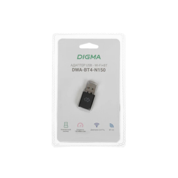 Адаптер WI-FI + Bluetooth USB Digma DWA-BT4-N150 150_Mbps 802.11n Bt4.0