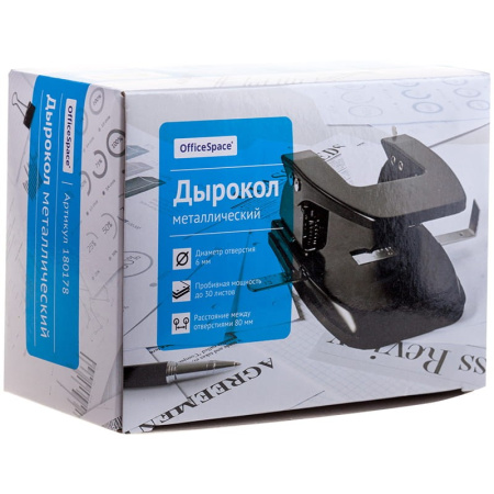 Дырокол OfficeSpace на 30 л, металлический, черный, с мет. линейкой P8714_1866BK/ 180178