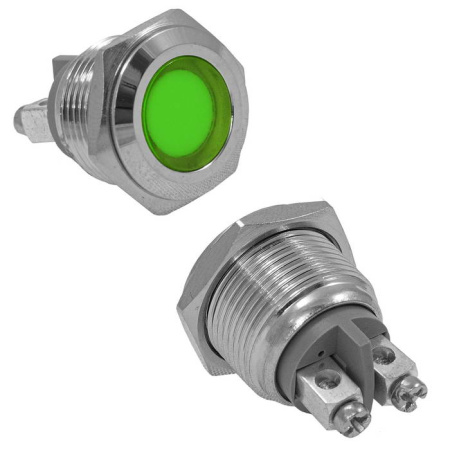 Лампа индикаторная GQ16F-G,  12..24в, зеленый, IP65, металл, светодиодная LED, М16