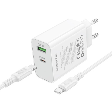 Зарядное_устройство - TypeC+USB 30W BOROFONE BA108A + кабель Type-C-Type-C белый