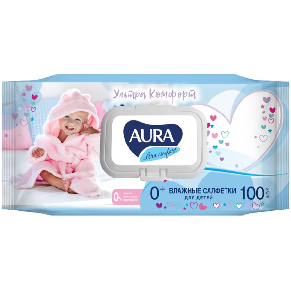 Салфетки влажные Aura "Ultra comfort", 100шт., детские, с алоэ