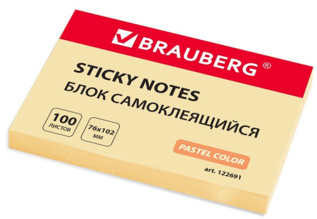 Блок самоклеящийся BRAUBERG 76*102мм. 100л. пастель, желтый (122691)