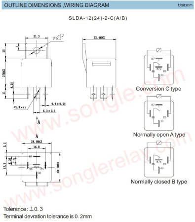Реле электромагнитное DC 12в, 40а, SPDT, 28*28*24.5мм, Songle (4141) SLD-12VDC-1C