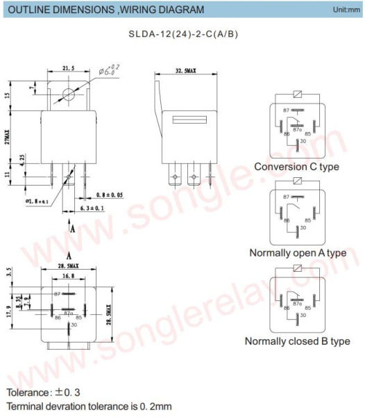Реле электромагнитное DC 12в, 40а, SPDT, 28*28*24.5мм, Songle (4141) SLD-12VDC-1C