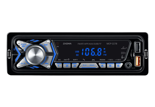 Автомагнитола Digma  MCP-227B 1DIN, 4x45Вт, MP3, FM, USB, AUX, BT5.0, ПДУ