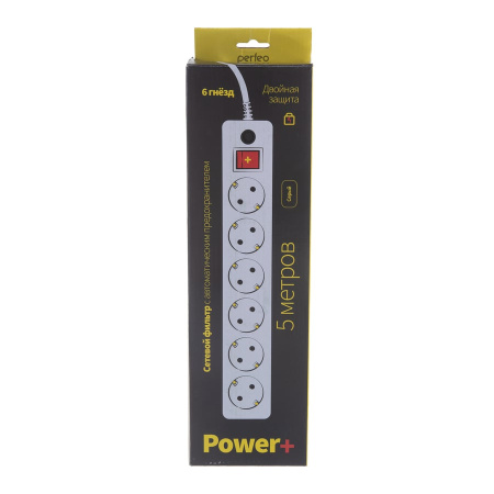 Сетевой фильтр  5.0м, 6 розеток Perfeo, POWER+, 10А, 2300Вт, с выключателем, с предохранителем, серый (PF-PP-6/5,0-G)