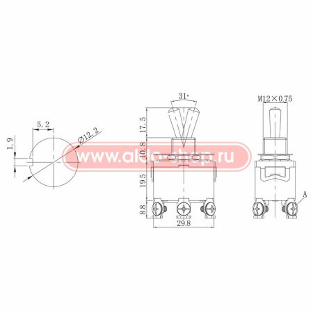 Переключатель тумблерный (ON)-ON, DPDT, 32*20мм М12, AC 250в, 15а, KN-212