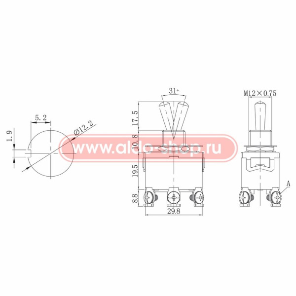 Переключатель тумблерный (ON)-ON, DPDT, 32*20мм М12, AC 250в, 15а, KN-212
