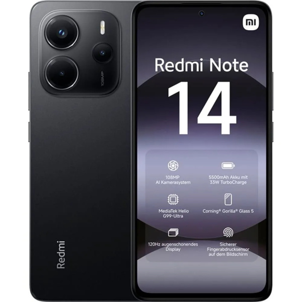 Смартфон Xiaomi Redmi Note 14 8Гб 256Гб Midnight Black 6.67", AMOLED, 2400*1080, 2*2.2+6*2.0ГГц 108+8+2Мп, 20Мп, 4G, NFC, 5500 мАч, And 14