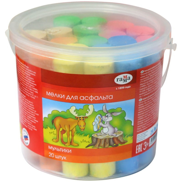 Нaбор цветного мела 6цв. 20шт. Гамма "Мультики" для асфальта, ведро (1704194)