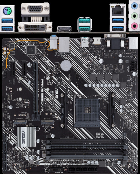 Мат.плата SocAM4 AMD B550 Asus PRIME B550M-K (mATX,4DDR4,ECC/non-ECC,2M.2,2PCI-E,VGA,DVI,HDMI,PC4400