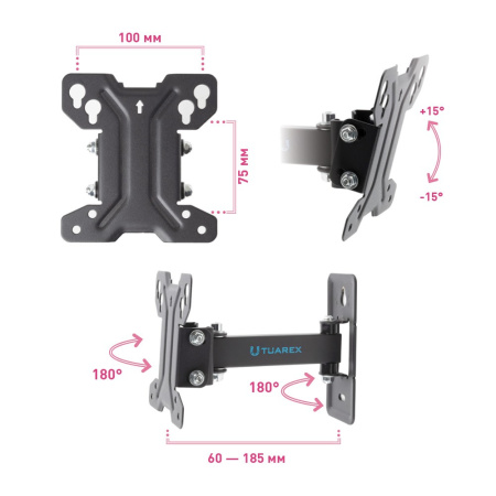 Кронштейн Tuarex ALTA-108 черный настенный,10-27",до 20кг,нак. +5° -15°,от ст. 60-185мм