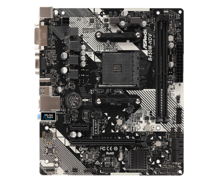 Мат.плата SocAM4 AMD B450 ASRock B450M-HDV R4.0 (mATX,2DDR4,M.2,4SATA3,6USB3.1,SVGA,DVI,HDMI,PC3200)