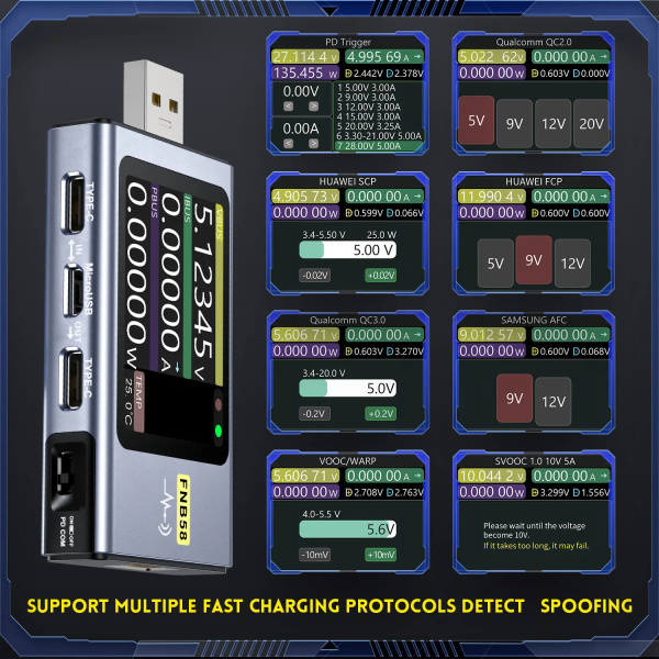 USB тестер Fnirsi FNB58, 4-28В, 0-7А, QC4, PD3.0, FCP, SCP, AFC, VOOC/WARP, SVOOC 2.0, Bluetooth