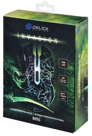 Игровая мышь USB Oklick 905G Invasion оптическая, 3200dpi, 5кн., подсветка, кабель 1.5м, Black