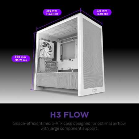 Корпус без блока питания/ Case NZXT H3 Flow (2025), Midi-Tower, TG, 1x120mm, 1xUSB-A 3.2 + 1xUSB-C 3.2, mATX, mITX White