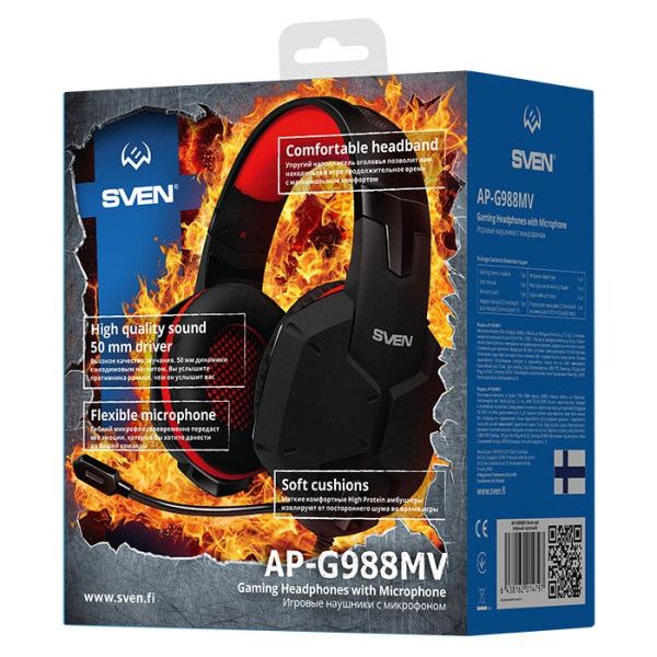Игровая гарнитура SVEN AP-G988MV мониторные, 32Ом, 108дБ, кабель 1.2м, Красно-Черный