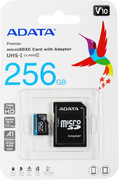 Карта памяти MicroSDXC 256Gb ADATA Premier Class10 [AUSDX256GUICL10A1-RA1] (SD адаптер)