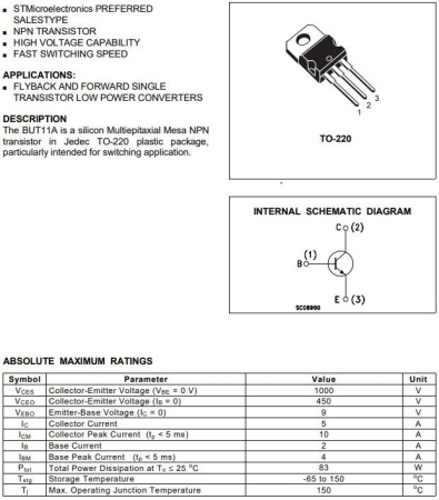 транзистор BJT BUT11A 450V 5A NPN TO220 100W