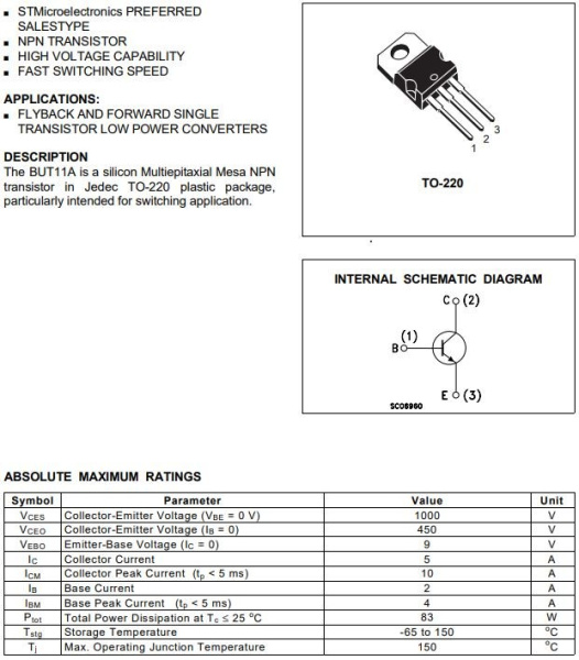 транзистор BJT BUT11A 450V 5A NPN TO220 100W