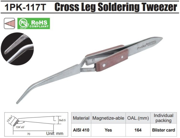 Пинцет 160мм, ProsKit 1PK-117T, изогнутый, тупые рифлённые концы, обратный ход
