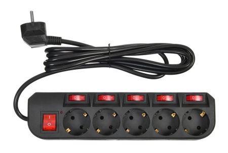 Сетевой фильтр  3.0м, 5 розеток Buro, 500SH-3-SW-B, 10А, 2200Вт, с выключателем, черный, коробка