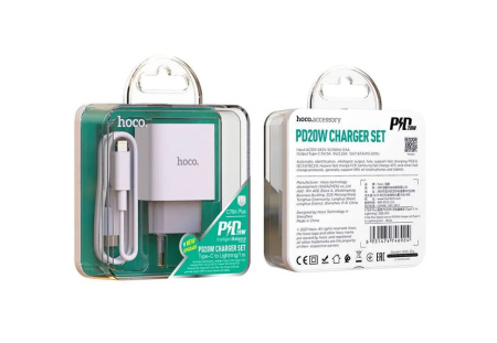 Зарядное_устройство - USB Type C 20W PD+QC 3.0 (5V-3.0A/9V-2.0A/12V-1.67A) HOCO C76A Plus, + кабель Type C to Lightning, белый