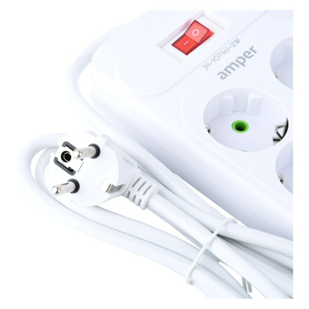Сетевой удлинитель  2.0м, 6 розеток Amper, JH-1076U-2W, 10А, 2500Вт, 4usb, 2Type-C белый.