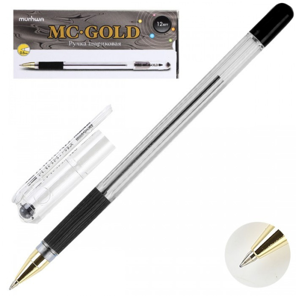 Ручка шариковая MunHwa MC-GOLD 0,5мм., масляная, черная, грип (BMC-01)