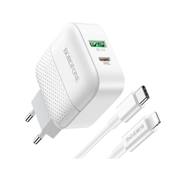 Зарядное_устройство - TypeC 18W PD+1 USB Quick Charge 3.0 (5V-3.0A/9V-2A/12V-1.5A) + кабель Type-C to Lightning BOROFONE BA46A белый