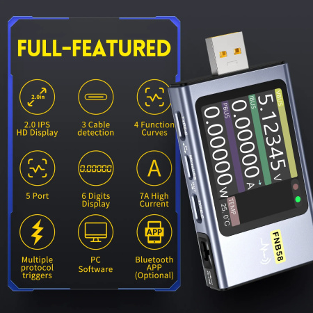 USB тестер Fnirsi FNB58, 4-28В, 0-7А, QC4, PD3.0, FCP, SCP, AFC, VOOC/WARP, SVOOC 2.0, Bluetooth