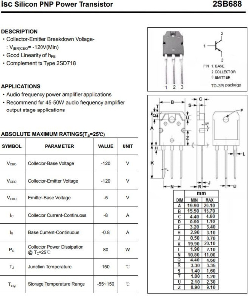 транзистор BJT 2SB688 120V 5А PNP ТО247 10Mhz 10W