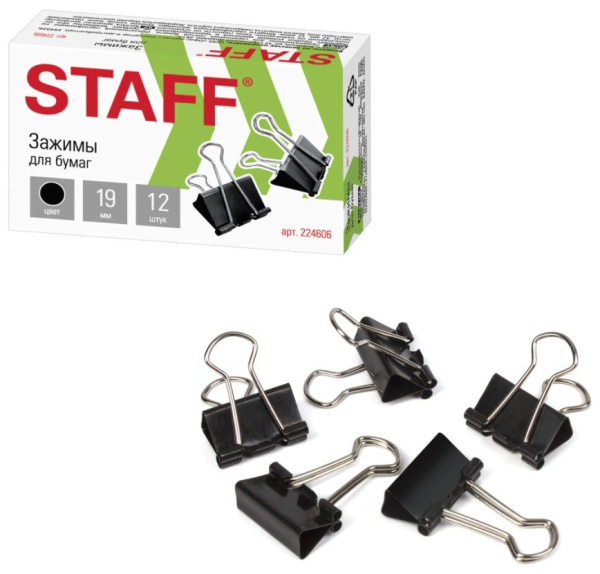 Зажимы для бумаг 19мм. STAFF 12шт. черные (224606)