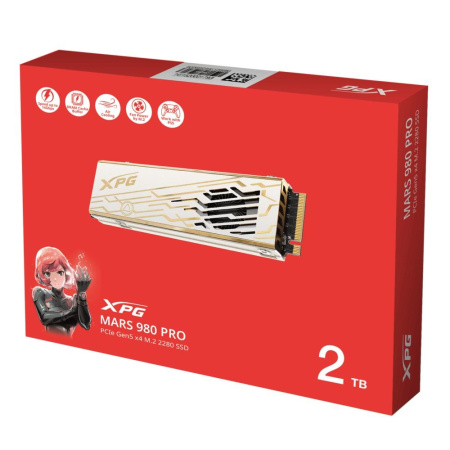 Твердотельный накопитель/ ADATA SSD XPG MARS 980 PRO, 2000GB, M.2(22x80mm), NVMe, PCIe 5.0 x4, 3D NAND, R/W 14000/13000MB/s, IOPs 2 000 000/1 650 000, TBW 1480, DWPD 0.4, with Heat Sink (5 лет)