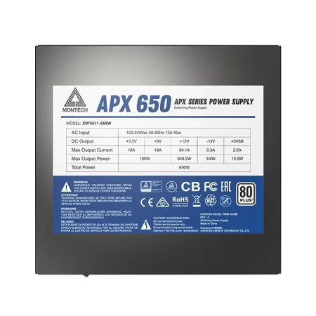 Блок питания 650Вт Montech APX 650W (ATX 2.43,APFC,120мм,2PCI-E,6SATA,80+Standard)[XWYA11-650W]