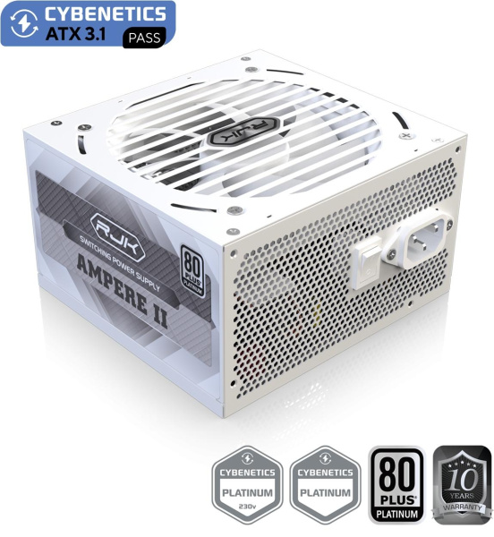 Блоки питания/ Power Supply Raijintek AMPERE II 1000, 1000W 80+ Platinum (ATX, 3.1, PCIe 5.1, Full-modular, 1x24(20+4)pin, 2x4+4-pin CPU, 3x6+2-pin PCIe, 1x12V(2x6), 10xSATA3, 5xMolex, Active, 120x120mm, 150x140x86mm, APFC, white)