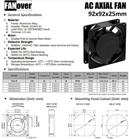 Вентилятор  92*92*25мм, 220в, 0.08а, 44.1м3/ч, 36дБ(А), скольжения, FA9225S22HL