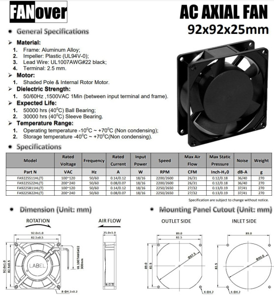 Вентилятор  92*92*25мм, 220в, 0.08а, 45.8м3/ч, 37дБ(А), качения, FA9225B22HL