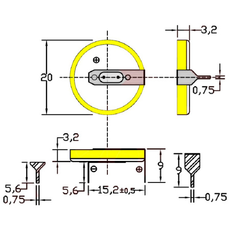 Батарейка CR2032/1HF3, 2 вывода, гориз. расстояние между контактаим 15мм 1шт. /3В литиевая