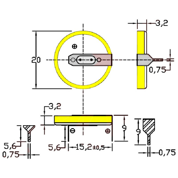 Батарейка CR2032/1HF3, 2 вывода, гориз. расстояние между контактаим 15мм 1шт. /3В литиевая
