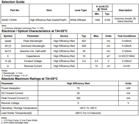 Индикатор цифровой, 1разряд,  10*13мм, 8., 7сегментный, CA, 10пин, красный, Kingbright SA39-11EWA