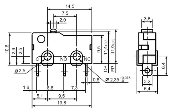 Микропереключатель (ON)-ON, SPDT, 19.8*6.4мм, AC 125в, 3а, SM5-00N-115