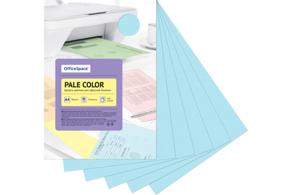 Бумага цветная А4 100л. OfficeSpace "Pale Color" 80г/м2, голубой PC_38231